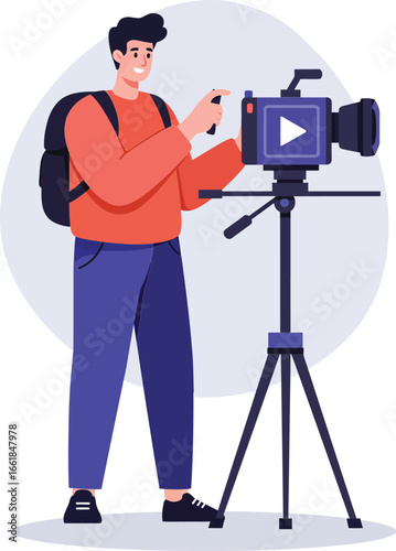 Young man filming video with professional camera on tripod wearing casual clothing and backpack