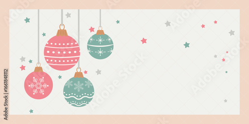 Pink green ornaments suspended from ribbons Seasonal motifs Falling stars Festive atmosphere Holiday season Merry Christmas Happy New Year mood Pastel background Copy space for greetings Greeting card