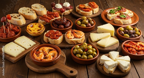 mixed portuguese traditional rustic tapas food selection on wood