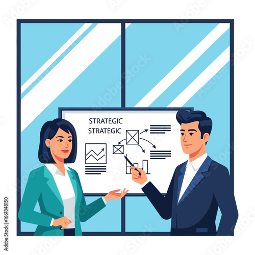Strategic Partnership: A dynamic business illustration showcases two professionals collaborating in front of a strategic plan, fostering teamwork and business strategy.