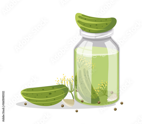 Glass jar with pickled cucumbers. Natural organic cucumber preservations with spices, garlic, pepper and dill. Isolated on white background. Vector illustration.