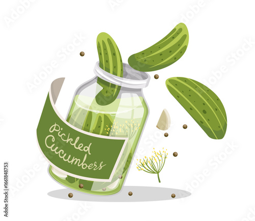 Glass jar with pickled cucumbers and green label. Natural organic cucumber preservations with spices, garlic, pepper and dill. Isolated on white background. Vector illustration.