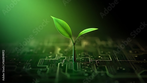 Young green plant growing from a computer circuit board with green glow Keywords: plant, seedling, growth, technology