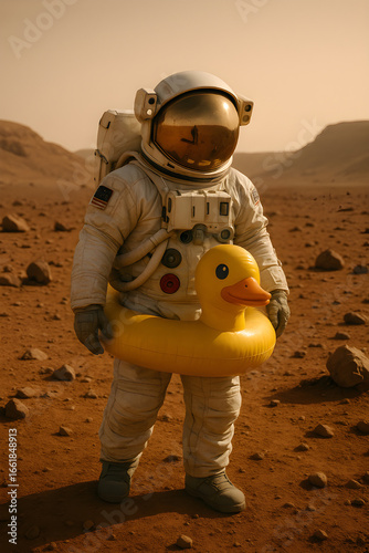 an international astronaut on Mars, wearing a giant duck inflatable toy around its waist