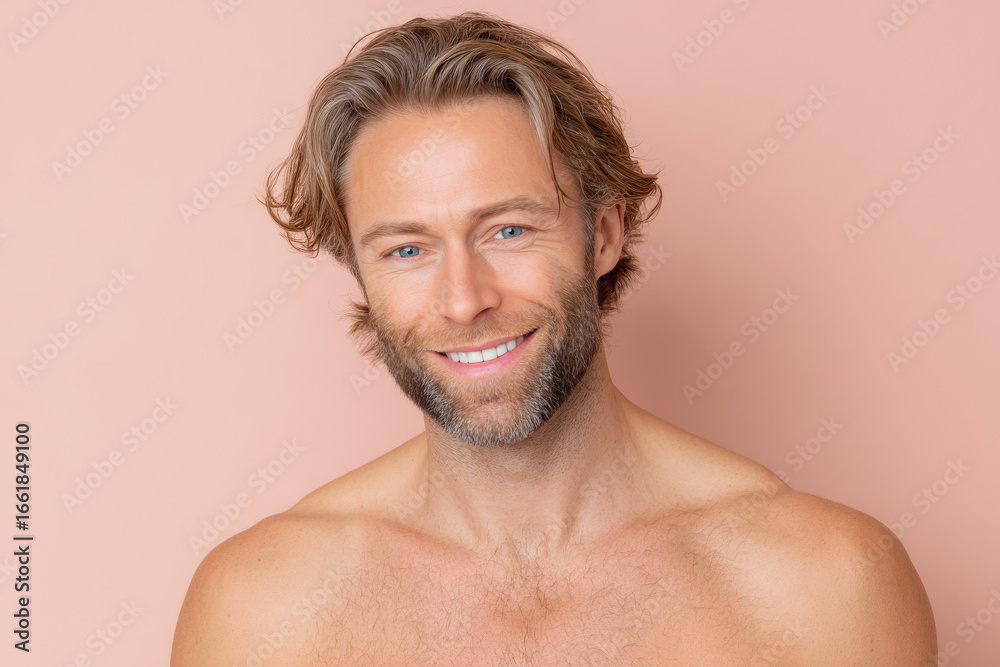 Obraz premium closeup portrait of man with strong neck and slightly damp hair exuding joy and vitality