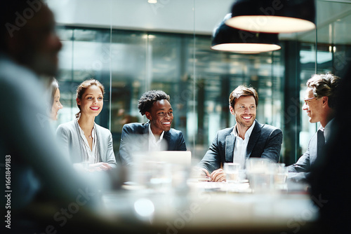 Business men and women wearing suit or formal outfit, discussing at their meeting with co-worker and client at   modern office in urban building. 
