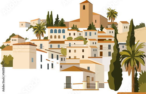 Vector illustration of a traditional Spanish town with white houses, terracotta roofs, and Mediterranean trees