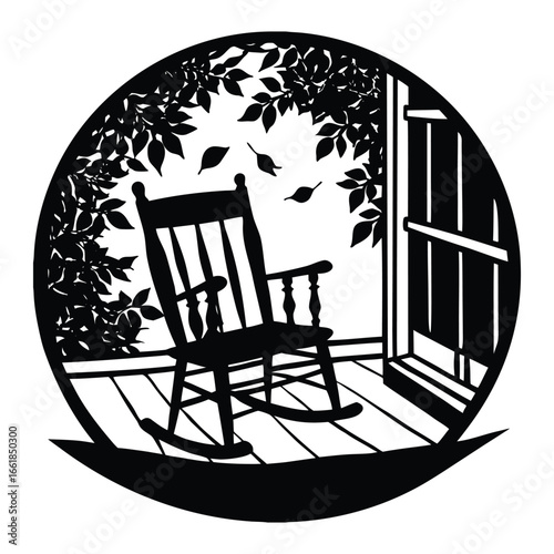 Black silhouette of a rocking chair on a porch with falling leaves