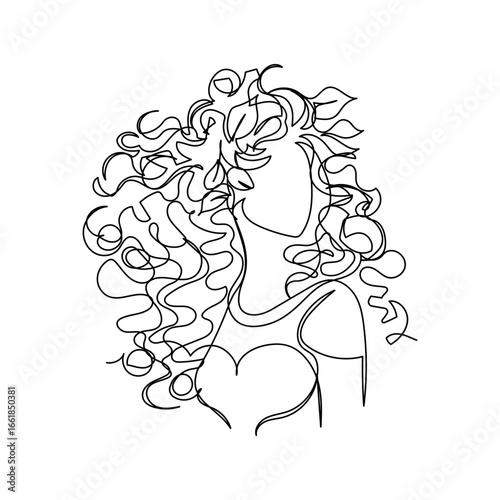 Minimalist one-line Virgo zodiac sign illustration, elegant linear female figure with floral hair in continuous contour black art