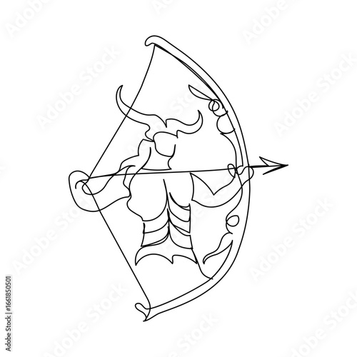 Minimalist one-line Sagittarius zodiac sign illustration, elegant linear archer with bow and arrow in continuous contour black art