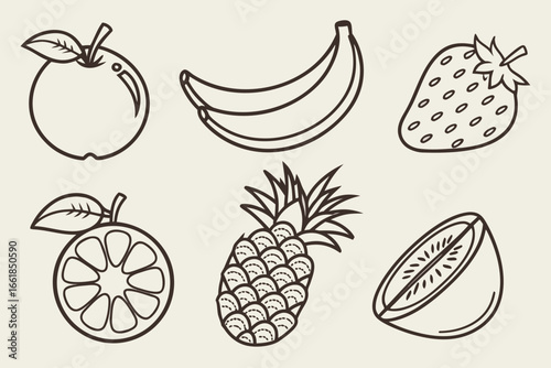 Assorted fruit line art icons apple banana strawberry