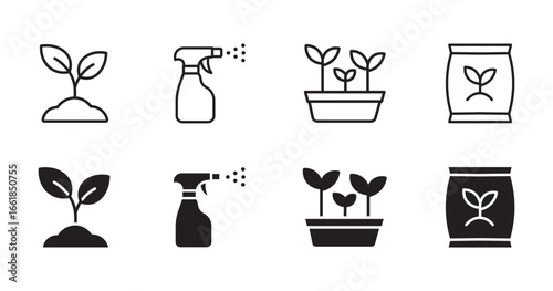 Gardening essentials icon set , featuring plant, sprayer, seedlings, and fertilizer icons in outline and flat style .
