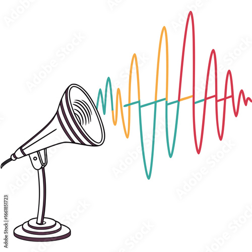 Hand drawn vintage microphone emitting colorful sound waves on white retro audio