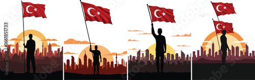 Turkish flag waving silhouette with city skyline at sunset patriotic vector design for national pride and unity