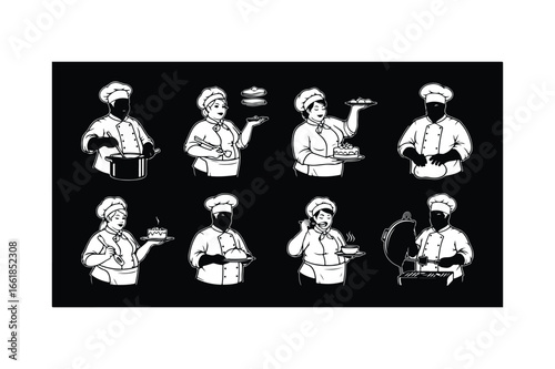 Eight chefs in white uniforms and hats performing various cooking tasks food kitchen