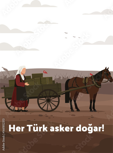 Turkish woman with horse-drawn cart carrying crates and flag in barren landscape vector illustration