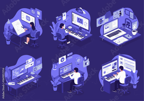 Isometric illustrations showing people working at computers with music keyboards, creating digital content and music in their studios.