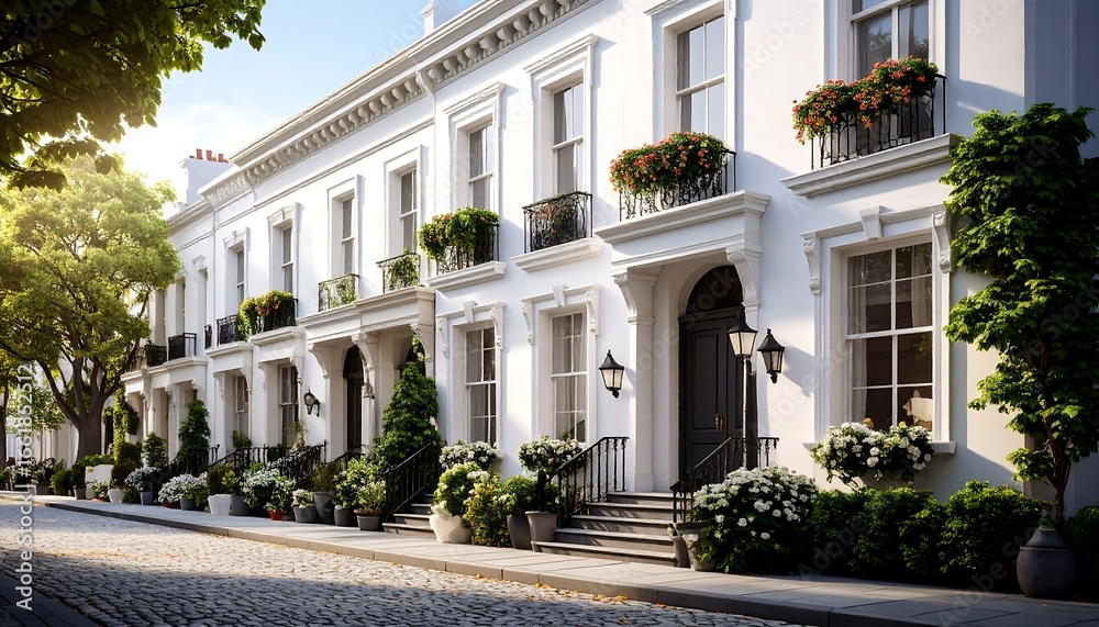 Obraz premium Elegant London Townhouses with Flower Boxes and Cobblestone Street on a Sunny Day
