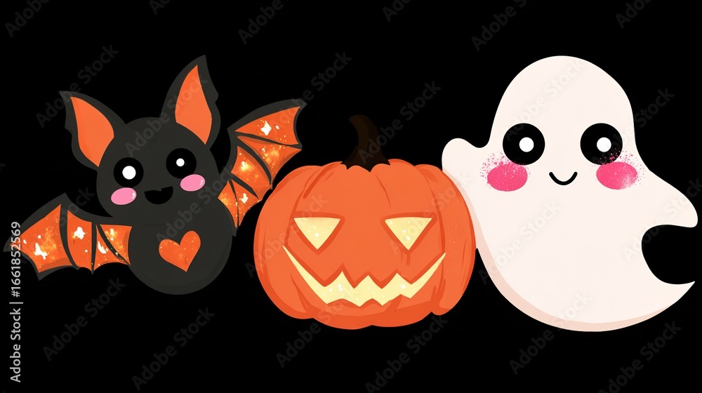 Obraz premium Halloween Magic Unfolds: Glowing Jack - O'- Lanterns, Adorable Ghosts, Spooky Ghostly Shadows, and a Haunted House Weave a Vibrant Festive Atmosphere for the Beloved Spooky Holiday