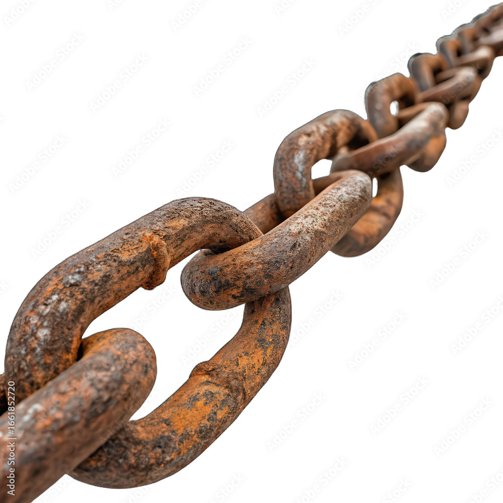 Obraz premium Close up of a vintage rusty steel chain isolated on a transparent background png antique metal link close-up png old chain texture png rustic iron chain detail png transparent background image