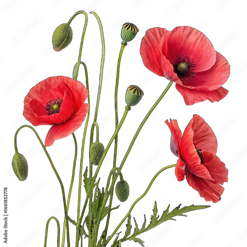 Obraz premium Close-up of red poppies poppy flowers with buds isolated on transparent background image png poppy close-up red flower png poppy buds png floral image transparent background png nature illustration