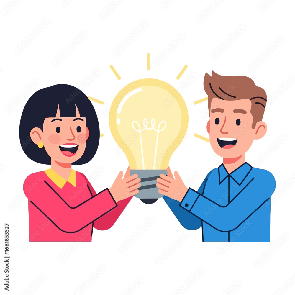Brainstorming Collaboration: In a simple, clean illustration, two individuals joyfully hold a glowing lightbulb, symbolizing the power of idea generation and teamwork. Brainstorming Collaboration: In a simple, clean illustration, two individuals joyfully hold a glowing lightbulb, symbolizing the power of idea generation and teamwork.