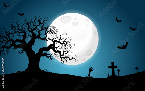 A spooky Halloween graveyard scene under a full moon, with silhouettes of a tree, tombstones, and bats.