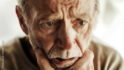 Elderly Man Experiencing Pain, Touching Face, Close-Up Shot