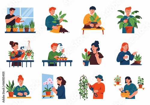 Diverse people tending to various houseplants on balconies and windowsills, showcasing indoor gardening activities.