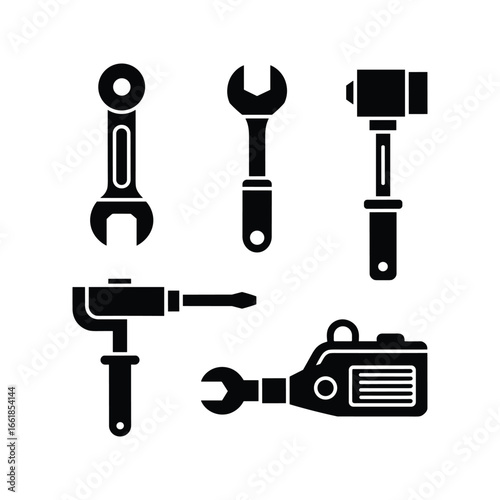 Collection of black silhouette hand tools on white background