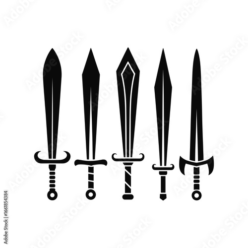 Five distinct medieval swords arranged in a row on a white background