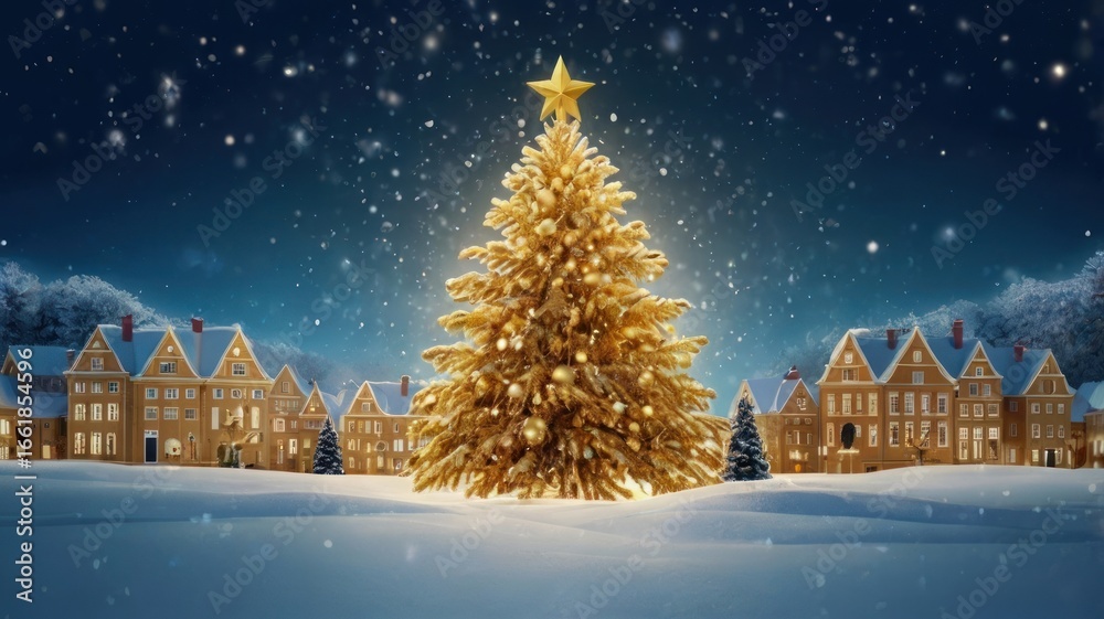 Naklejka premium Radiant Golden Christmas Tree Illuminating a Snowy Village Square at Night.