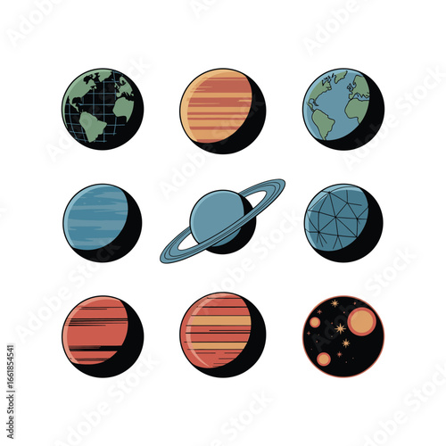 Collection of stylized planets and celestial bodies in space
