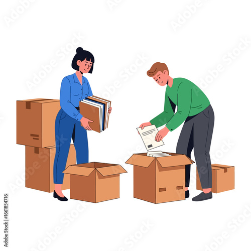 Packing and Organizing: Depicting a diligent duo meticulously organizing essential documents and items into cardboard boxes, emphasizing preparation, relocation.