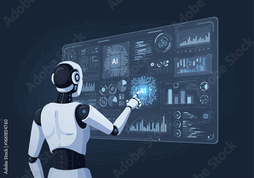 A white robot interacts with a large interactive display showing data visualizations and AI related information.