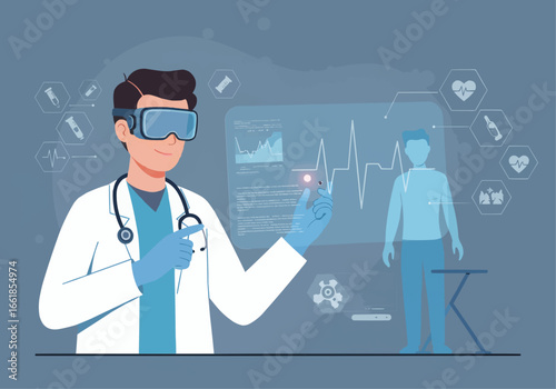 Doctor using virtual reality technology to examine patient data and vital signs.