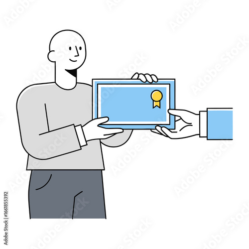 Formal Certificate Exchange: A momentous exchange of an important certificate, in this case, a formal diploma or accolade, symbolizing achievement and recognition between two entities.