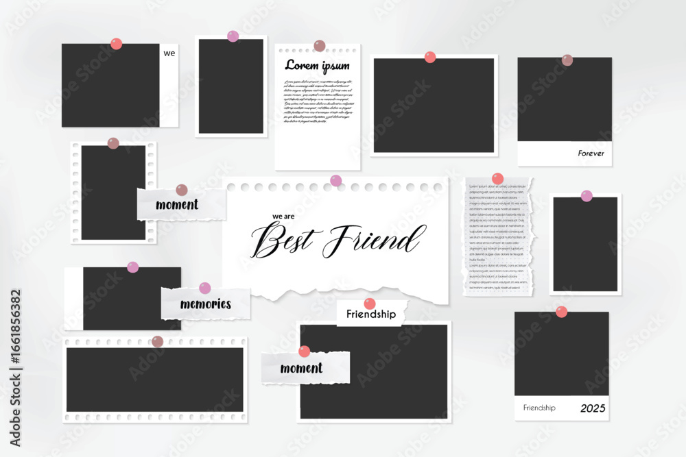 Set of realistic photos or pictures frame with best friend theme. Digital wall collage template