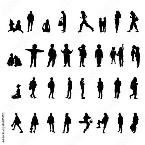 Collection of 32 people silhouettes in various everyday poses: walking, sitting, standing, carrying bags, holding children and casual activities. Perfect for architectural vizualisations, infographics