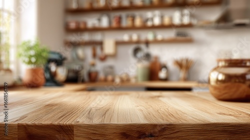 With a beautiful wooden tabletop as the main focal point and a blurred kitchen interior in the background, it's perfect for showcasing home décor, kitchen essentials, or everyday life scenes.