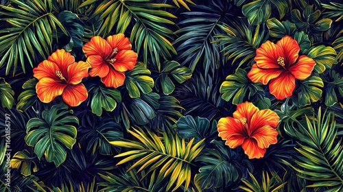 Lush Tropical Paradise: Vibrant Hibiscus Blooms Amidst Exotic Foliage