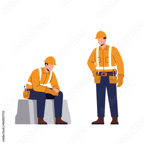 Two construction workers, wearing hard hats and reflective safety vests, are depicted on a job site; one stands, while the other takes a brief rest.