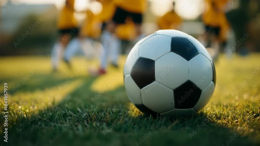 Close-up view of a soccer ball on lush green grass with playing team background Close-up view of a soccer ball on lush green grass with playing team background