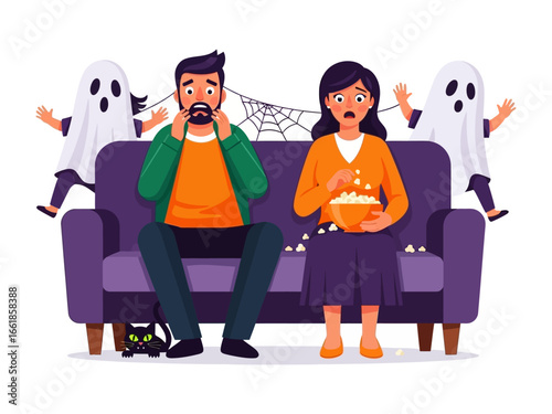 Spooky Movie Night: A nervous couple braces themselves for the scare as they settle in for a haunted house movie night with popcorn as the ghosts look around.