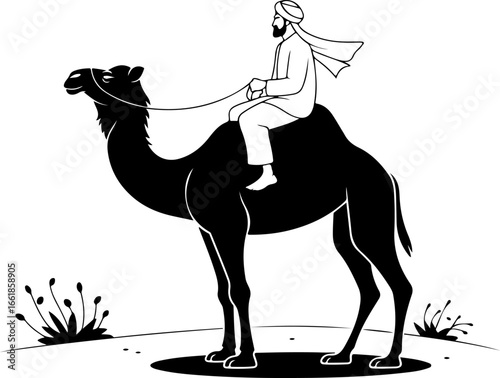 black-and-white illustration of a man in traditional Middle Eastern attire riding a camel