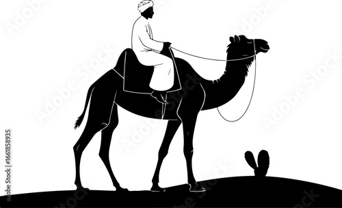 black-and-white illustration of a man in traditional Middle Eastern attire riding a camel