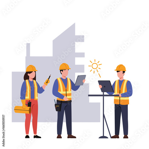 Skilled engineers and construction workers collaborate, utilizing digital tablets and laptops for efficient project management and technical analysis.