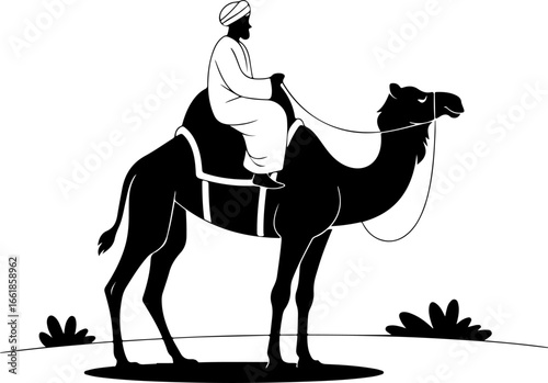 black-and-white illustration of a man in traditional Middle Eastern attire riding a camel