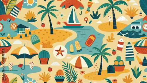 Colorful flat vector illustration of a vibrant summer beach scene vacation tropical