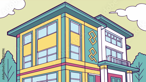 Modern home design illustration with colorful facade and architectural details for real estate needs